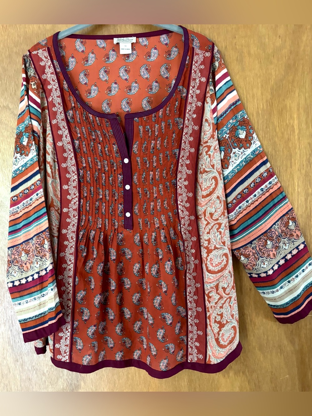 Lucky Brand Top Paisley Stripe Pintuck Boho - 1X